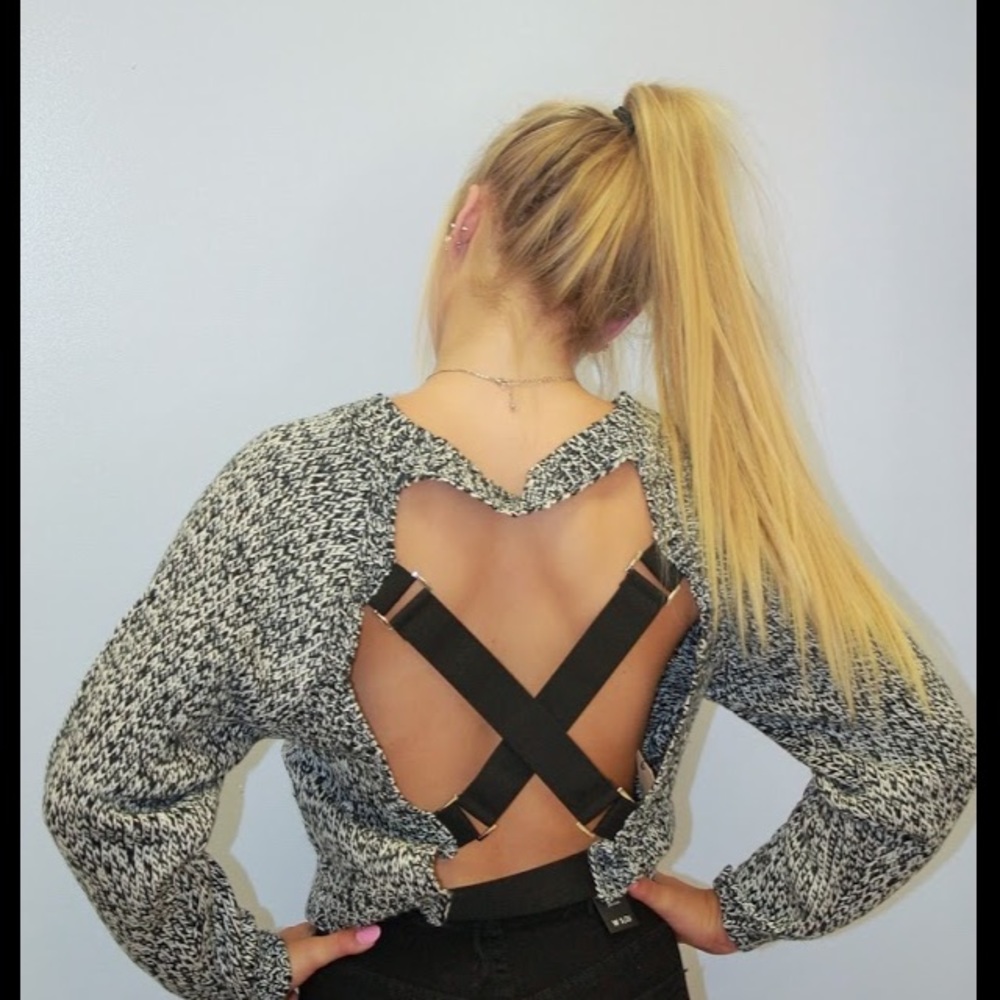 Gray and black mixed sweater with open back